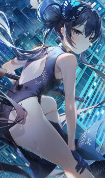 1girl baisi_shaonian bare_back bare_legs bare_shoulders black_dress black_gloves black_hair blue_archive blush braid braided_bun breasts butterfly_hair_ornament china_dress chinese_clothes closed_mouth dragon_print dress floating_hair gloves grey_eyes hair_between_eyes hair_bun hair_ornament halo hand_on_own_leg highres kisaki_(blue_archive) loli long_hair looking_at_viewer outdoors rain sleeveless sleeveless_dress small_breasts solo thighs twintails very_long_hair wet