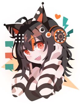 1girl :d ahoge animal_ear_headphones animal_ears black_hair cat_ear_headphones cat_ears commentary_request cropped_torso fake_animal_ears hands_up headphones highres long_sleeves looking_at_viewer mahou_shoujo_no_majo_saiban multicolored_hair open_mouth orange_eyes otomebakudan sawatari_coco sharp_teeth smile solo speech_bubble streaked_hair teeth upper_body white_background