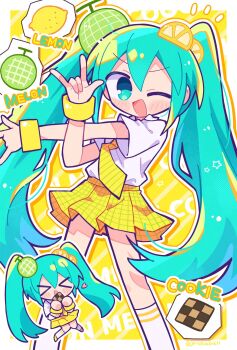 &gt;_&lt; 1girl :d ;d \m/ aqua_hair blush border checkerboard_cookie chibi chibi_inset collared_shirt commentary cookie diagonal-striped_clothes diagonal-striped_necktie double-parted_bangs double_\m/ feet_out_of_frame food fruit hair_between_eyes hatsune_miku highres holding holding_cookie holding_food lemon lemon_melon_cookie_(vocaloid) long_hair looking_at_viewer melon necktie one_eye_closed open_mouth outline outside_border plaid_clothes plaid_skirt pleated_skirt richard_(richaball) shirt short_sleeves skirt smile socks standing striped_background striped_clothes symbol-only_commentary twintails vocaloid white_border white_outline white_shirt white_socks xd yellow_background yellow_necktie yellow_skirt