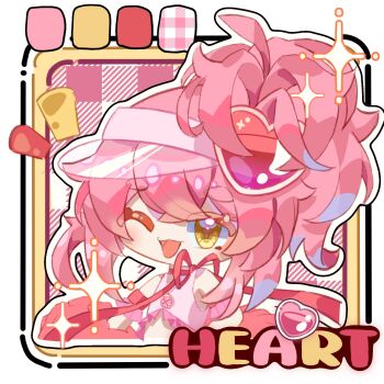 1girl amulet_heart bare_shoulders border character_name cheerleader chibi chinese_commentary color_guide commentary_request crop_top crossed_bangs detached_sleeves eyelashes frilled_shirt_collar frilled_sleeves frills hair_between_eyes hair_ornament happy hat heart heart_hair_ornament high_side_ponytail highres hinamori_amu holding holding_pom_poms humpty_lock_(shugo_chara!) light_blush looking_at_viewer magical_girl messy_hair midriff neck_ribbon notice_lines one_eye_closed open_mouth outline outside_border picture_frame pink_background pink_hair pink_hat pink_shirt pink_theme plaid_background pom_pom_(cheerleading) pom_poms red_ribbon red_sleeves ribbon see-through_clothes see-through_headwear shirt short_hair_with_long_locks short_sleeves shugo_chara! sidelocks sideways_hat sleeveless sleeveless_shirt smile solo sparkle upper_body visor_cap white_border white_outline yanshuangjun yellow_eyes