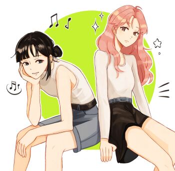 2girls bare_arms bare_shoulders beamed_eighth_notes beamed_sixteenth_notes black_eyes black_hair black_skirt brown_eyes clip_studio_paint_(medium) closed_mouth commentary denim denim_shorts ear_piercing earrings eighth_note elbow_rest english_commentary grey_shorts hair_bun head_rest highres hoop_earrings jewelry kininatteru_hito_ga_otoko_ja_nakatta koga_mitsuki leaning_forward long_hair long_sleeves looking_at_viewer multiple_girls musical_note oosawa_aya parted_lips piercing pink_hair qitsunne quarter_note shirt shirt_tucked_in short_hair shorts single_hair_bun sitting skirt smile sparkle star_(symbol) tank_top white_background white_shirt white_tank_top