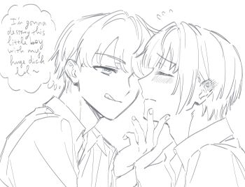 2boys :q blush closed_eyes collared_shirt commentary ear_blush english_text flying_sweatdrops fujishima_megumi genderswap genderswap_(ftm) greyscale half-closed_eyes hand_on_another&#039;s_chin highres link!_like!_love_live! long_sleeves looking_at_another love_live! monochrome multiple_boys narrowed_eyes open_collar otomune_kozue portrait profile shirt short_hair simple_background smug speech_bubble thought_bubble tongue tongue_out virtual_youtuber white_background yaoi zenma_trang