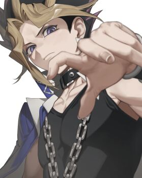Rule 34 | 1boy, absurdres, belt collar, black tank top, blue jacket, cbow, chain, chain necklace, closed mouth, collar, collarbone, commentary, earrings, highres, jacket, jewelry, looking at viewer, male focus, multicolored hair, necklace, open hand, purple eyes, simple background, solo, streaked hair, tank top, upper body, white background, yami yugi, yu-gi-oh!
