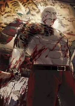 1boy abs absurdres arm_tattoo bara belt blood blood_on_face character_request check_character cowboy_shot highres holding holding_sword holding_weapon katana large_pectorals male_focus mature_male muscular muscular_male navel nipples pants pectorals ryuu_ga_gotoku_(series) ryuu_ga_gotoku_0 sera_masaru solo strongman_waist sword taketaro_(ta_ryu0806) tattoo topless_male veiny_face weapon