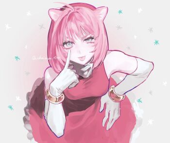 Rule 34 | 1girl, akanbe, amy rose, animal ears, bracelet, chaixuxu 0705, dress, elbow gloves, eyelid pull, gloves, gold bracelet, green eyes, hairband, hand on own hip, highres, humanization, jewelry, leaning forward, pink hair, red dress, red hairband, sonic (series), sonic the hedgehog (classic), tongue, tongue out, white gloves