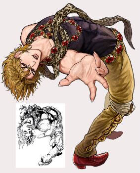 Rule 34 | 1boy, animal print, black shirt, blonde hair, compression shirt, dio brando, fingernails, gem, grey background, highres, jojo no kimyou na bouken, jojo pose, looking at viewer, male focus, mechimun jojo, pants, red eyes, red gemstone, red shoes, reference inset, scarf, shirt, shoes, short hair, simple background, solo, standing, yellow pants