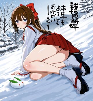 1girl absurdres akeome ass black_shoes blue_eyes blush bow brown_hair closed_mouth commentary_request day geta grey_sky hair_between_eyes hair_bow happy_new_year highres japanese_clothes kimono leaf long_sleeves looking_at_viewer love_live! love_live!_nijigasaki_high_school_idol_club miko mountainous_horizon new_year osaka_shizuku red_bow red_skirt shoes sidelocks skirt sky smile snow_rabbit socks solo thighs tree white_kimono white_socks winter zaofeng