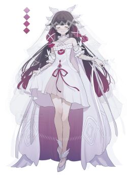 1girl bare_shoulders black_hair closed_eyes closed_mouth color_guide columbina_(genshin_fes_2026)_(genshin_impact) columbina_(genshin_impact) dress full_body genshin_impact hair_ribbon head_wings highres long_hair multicolored_hair official_alternate_costume pink_hair pink_ribbon revision ribbon see-through_clothes see-through_veil shoes solo suwa_(swk_kkk) veil watermark white_dress white_ribbon white_shoes white_wings wings wrist_ribbon