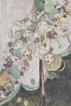 Rule 34 | 1girl, absurdres, acrylic paint (medium), balloon, blonde hair, blue eyes, braid, commentary request, dress, easter, floating, from above, gift, green background, green eyes, highres, karintoun, looking at viewer, open mouth, original, painting (medium), pastel colors, portrait, rabbit, short hair, signature, simple background, smile, stuffed animal, stuffed toy, swept bangs, traditional media, watercolor (medium), white background