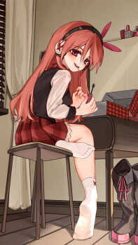 1girl absurdres akame_ga_kill! blush boots brown_hair chelsea_(akame_ga_kill!) feet headphones highres kourou_(kouroukun) lollipop_in_mouth long_hair looking_at_viewer open_mouth red_eyes shoes sitting socks soles toes unworn_boots unworn_shoes white_socks