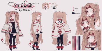 1girl 2022 anklet black_dress black_socks blonde_hair ch4i chain_around_leg character_name collar demon_horns demon_tail devil_girl dress english_text eyepatch highres horns indie_virtual_youtuber jacket japanese_text jewelry long_hair necklace pointy_ears reference_sheet socks standing stupipart tail white_background white_jacket