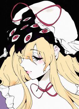 1girl asuzemu black_background blonde_hair choker closed_eyes closed_mouth dress expressionless frills gap_(touhou) hashtag-only_commentary hat long_hair mob_cap one_eye_covered portrait purple_dress red_eyes ribbon_choker solo touhou yakumo_yukari