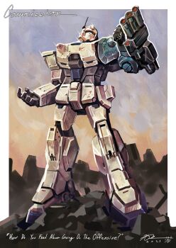 2025 absurdres arm_mounted_weapon border commentary commission english_commentary english_text full_body gouf_custom gundam gundam_08th_ms_team gundam_ez8 highres mecha mecha_focus mobile_suit no_humans outside_border radio_antenna red_eyes robot rubble science_fiction solo standing subakeye white_border