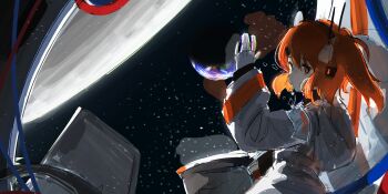 1girl a.i._voice absurdres adachi_rei against_glass belt black_shirt chromatic_aberration closed_mouth colored_skin commentary drink_pouch earth_(planet) expressionless floating floating_hair from_side gloves grey_skirt half-closed_eyes hand_on_glass hand_up headlamp headset highres hood hood_down hooded_jacket jacket light_particles liquid long_sleeves looking_at_viewer looking_to_the_side moon open_clothes open_jacket orange_belt orange_eyes orange_hair planet radio_antenna reflection shirt sidelighting sideways_glance sketch skirt solo space spacecraft_interior symbol-only_commentary tlseone turtleneck utau white_gloves white_jacket white_skin zero_gravity