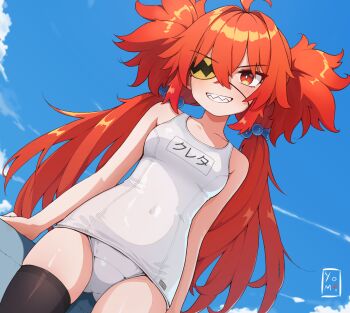 1girl bandages bare_shoulders breasts eyepatch hair_between_eyes hair_ornament highres koleda_belobog long_hair looking_at_viewer medical_eyepatch red_eyes red_hair school_swimsuit solo sphere_hair_ornament swimsuit thighhighs thighs twintails yushomiart zenless_zone_zero