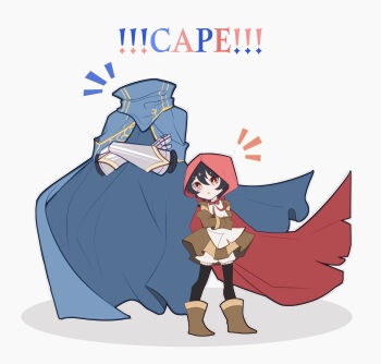 ! !! 1boy 1girl :o a_knight_(reverse:1999) absurdres apron armor black_gloves black_hair black_pantyhose blue_cape boots brown_boots brown_dress brown_gloves cape crossed_arms dress english_text gauntlets gloves highres hood hood_up hooded_cape invisible legs_apart looking_at_viewer mondlicht_(reverse:1999) notice_lines ornate_armor pantyhose red_cape red_eyes red_hood reverse:1999 san_(user_awan7845) short_dress shorts shorts_under_dress standing white_apron white_background white_shorts