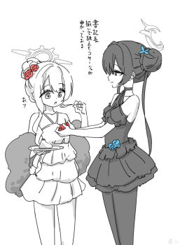 2girls bare_arms bare_legs bare_shoulders black_dress black_thighhighs blue_archive blue_flower braid braided_ponytail cherino_(blue_archive) closed_mouth dress flower hair_between_eyes kisaki_(blue_archive) looking_at_another multiple_girls nishino_hikoji open_mouth red_flower thighhighs twin_braids white_background white_dress