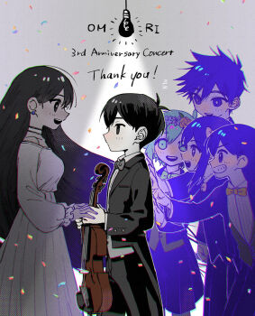 2girls 4boys anniversary antenna_hair aubrey_(headspace)_(omori) aubrey_(omori) basil_(headspace)_(omori) basil_(omori) black_hair blue_eyes blue_hair breasts choker confetti dress earrings flower_wreath grin hair_behind_ear head_wreath hero_(headspace)_(omori) hero_(omori) highres holding holding_instrument instrument jewelry jitome kel_(headspace)_(omori) kel_(omori) light_bulb long_hair mari_(faraway)_(omori) mari_(omori) medium_breasts multiple_boys multiple_girls omori purple_hair smile sunny_(omori) thank_you toastytoast tuxedo very_long_hair violin white_dress