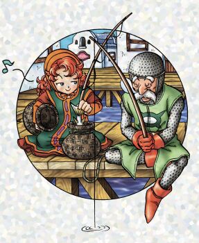 1boy 1girl adversarial_noise animal armor bonnet boots border chainmail commentary_request curly_hair dock dragon_quest dragon_quest_vii dress eighth_note facial_hair fish fishing fishing_rod gloves green_tabard green_tunic highres holding holding_animal holding_fish holding_fishing_rod holding_jar jar long_hair maribel_(dq7) murakami_yumiko musical_note mustache old old_man orange_boots orange_gloves orange_hair sir_mervyn sitting sleeping sleeping_upright smug squeans tabard theft tunic water white_border white_facial_hair yellow_bonnet