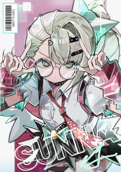 1girl absurdres adjusting_eyewear aqua_nails arm_warmers artist_name bandaid bandaid_hair_ornament barcode black_shirt character_name collar cowboy_shot fur-trimmed_skirt fur_trim glasses green_eyes green_hair hair_ornament hashtag-only_commentary heart heart_hair_ornament highres looking_at_viewer marttkim00 motion_lines multiple_hair_clips necktie pink_arm_warmers pink_bag ponytail purple_background red_necktie round_eyewear shirt skirt solo striped_arm_warmers sunna_(zenless_zone_zero) white_shirt white_wings winged_bag wings zenless_zone_zero