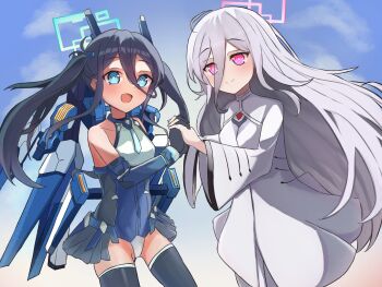 2girls :d aqua_eyes aqua_halo aris_(blue_archive) aris_(mecha_suit)_(blue_archive) bare_shoulders black_gloves black_hair black_thighhighs blue_archive blue_leotard blush breasts bright_pupils closed_mouth commentary_request cowboy_shot double-parted_bangs dress gloves hair_between_eyes halo highleg highleg_leotard highres holding_hands interlocked_fingers kei_(blue_archive) kei_(new_body)_(blue_archive) leotard long_bangs long_hair long_hair_between_eyes long_sleeves looking_at_viewer mecha_musume mechanical_ears mechanical_wings multicolored_leotard multiple_girls night_ling official_alternate_costume official_alternate_hair_color open_mouth pink_eyes pink_halo rectangular_halo ringed_eyes sidelocks sky small_breasts smile thighhighs twintails very_long_hair white_dress white_hair white_pupils wide_sleeves wings