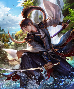 1boy black_hair blue_sky character_request closed_mouth commentary_request highres holding holding_sword holding_weapon japanese_clothes katana kdash long_hair male_focus moss official_art outdoors ponytail river sengoku_enbu_-kizna- sky sword very_long_hair wading water water_drop waterfall weapon wide_sleeves