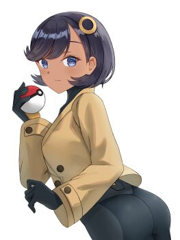 1girl akaya_(pixiv20545353) ass black_bodysuit black_hair blue_eyes bodysuit brown_jacket closed_mouth commentary_request emma_(pokemon) from_behind hair_ornament highres holding holding_poke_ball jacket long_sleeves looking_at_viewer looking_back nintendo poke_ball poke_ball_(basic) pokemon pokemon_legends:_z-a short_hair simple_background smile solo twisted_torso white_background