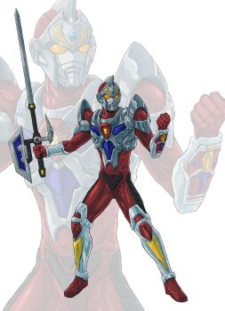 1boy acceptor adi_(adivider) armor black_skin blue_gemstone breastplate clenched_hands colored_skin commentary commission compound_eyes denkou_choujin_gridman english_commentary forehead_jewel full_body gauntlets gem giant giant_male glowing glowing_eyes gridman_(character) gridman_(denkou_choujin) hand_up highres holding holding_sword holding_weapon legs_apart looking_ahead male_focus mecha multicolored_skin red_skin robot shin_guards shoulder_armor shoulder_pads silver_armor simple_background solo standing sword tokusatsu toned toned_male two-tone_skin weapon white_background yellow_eyes zoom_layer