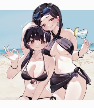 2girls beach bikini black_bikini black_hair blue_sky boku_no_kokoro_no_yabai_yatsu breasts brown_eyes candy character_charm charm_(object) closed_mouth cocktail_glass cup day drinking_glass eyewear_on_head food fruit highres holding holding_candy holding_food holding_lollipop ichikawa_kyoutarou large_breasts lianbiglian lime_(fruit) lime_slice lollipop mole mole_on_neck mother_and_daughter multiple_girls navel ocean outdoors sand sarong sky smile sunglasses swimsuit yamada_anna yamada_sanae_(bokuyaba) yamada_yuuki_(bokuyaba)