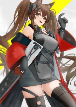 1girl :d alternate_breast_size_(larger) angelina_(arknights) animal_ear_fluff animal_ears arknights arknights:_endfield bare_shoulders belt black_belt black_gloves black_thighhighs bracelet breasts brown_hair coat commentary cowboy_shot dress dutch_angle elbow_gloves fox_ears fox_girl gilberta_(arknights) gloves grey_dress hand_up high_belt high_collar infection_monitor_(arknights) jewelry long_hair long_sleeves looking_at_viewer open_mouth red_coat red_eyes smile solo sora_mame_(princess_0sora) symbol-only_commentary teeth thighhighs twintails upper_teeth_only very_long_hair zettai_ryouiki