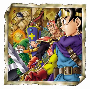 1girl 3boys arm_up armor axe beard belt black_bodysuit black_eyes blue_gemstone blue_hair blue_hat blue_tabard blue_tunic bodysuit border brown_background brown_hair cape casting_spell circlet commentary_request dragon_quest dragon_quest_iii facial_hair gem gloves gold_circlet hat helmet hero_(dq3) highres holding holding_axe holding_mace holding_staff holding_sword holding_weapon long_hair looking_ahead looking_to_the_side mace mage_(dq3) mitre multiple_boys murakami_yumiko muscular muscular_male old old_man open_mouth orange_bodysuit priest_(dq3) profile purple_cape red_armor red_eyes red_gloves red_helmet roto_(dq3) scabbard sheath ship short_hair spiked_hair staff sword tabard toriyama_akira_(style) tunic upper_body warrior_(dq3) water watercraft weapon white_background white_facial_hair winged_helmet yellow_border yellow_gloves yellow_sleeves