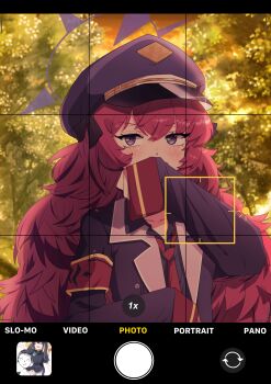 1boy 2girls :d ^_^ absurdres armband black_coat black_dress black_eyes black_hair black_halo black_hat black_shirt blue_archive blush carrying china_dress chinese_clothes closed_eyes coat collarbone collared_shirt commentary_request covering_own_mouth doodle_sensei_(blue_archive) dress fake_phone_screenshot fake_screenshot fluffy_hair hair_between_eyes hair_ribbon halo hat highres iroha_(blue_archive) lapels long_hair looking_at_viewer multiple_girls necktie notched_lapels official_alternate_costume open_mouth peaked_cap red_armband red_hair red_necktie ribbon sensei_(blue_archive) shirt shoulder_carry shun_(blue_archive) shun_(small)_(blue_archive) sleeve_cuffs smile solo_focus tata_butter two-sided_coat two-sided_fabric upper_body viewfinder white_coat