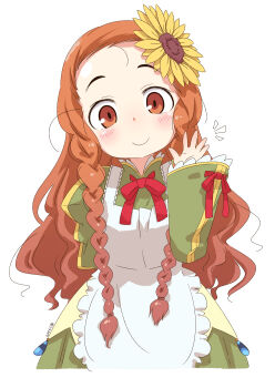 1girl apron arm_behind_back braid brown_eyes brown_hair closed_mouth commentary_request dated dress eclair_(sekaiju) etrian_odyssey flower green_dress hair_flower hair_ornament highres long_sleeves loose_hair_strand red_ribbon ribbon samansa_ex sekaiju_no_meikyuu sekaiju_no_meikyuu_2 sidelocks signature sleeve_ribbon smile twin_braids waving white_background yellow_dress yellow_flower