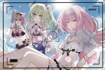 3girls animal_ears beach bikini black_bikini blue_eyes blue_sky blunt_bangs breasts brown_hair cat_ears cat_girl chinese_commentary commentary_request elf elysia_(honkai_impact) elysia_(miss_pink)_(honkai_impact) elysia_(miss_pink_elf)_(honkai_impact) green_hair hairband heic-to-png_conversion highres honkai_(series) honkai_impact_3rd jacket long_hair looking_at_viewer medium_breasts mermaid_costume midriff mobius_(daughter_of_corals)_(honkai_impact) mobius_(honkai_impact) multiple_girls navel ocean official_alternate_costume official_alternate_hairstyle open_mouth pardofelis pardofelis_(midsummer_collector) pink_hair pointy_ears see-through_clothes see-through_jacket short_hair_with_long_locks sky smile sun swimsuit thigh_strap tongue tongue_out twintails two-tone_one-piece_swimsuit very_long_hair viewfinder white_background white_hairband xuji_yu_rain