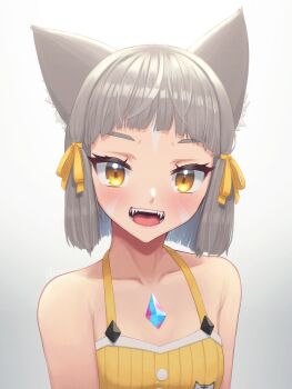 1girl alten animal_ears bare_shoulders blush cat_ears cat_girl chest_jewel grey_hair highres looking_at_viewer nia_(fancy_sundress)_(xenoblade) nia_(xenoblade) open_mouth short_hair simple_background solo teeth tongue upper_body white_background xenoblade_chronicles_(series) xenoblade_chronicles_2 yellow_eyes