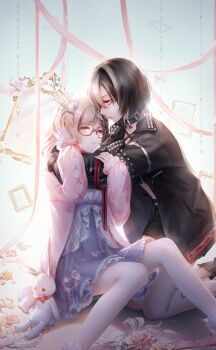 2girls artist_request black_hair black_jacket blonde_hair blue_background bob_cut boots bow brown_eyes cardigan collar comforting crop_top crown crown_hair_ornament dress fashion fishnets floating floating_object flower frown game_cg gem glasses hands_on_another&#039;s_arms heart highres holding_another&#039;s_arm hug jacket jax_(shining_nikki) lace_trim multicolored_hair multiple_girls nikki_(series) official_art pearl_(gemstone) picture_frame pink_cardigan pink_ribbon punk purple_dress red_eyes ribbon rose shining_nikki short_hair shorts sitting sky streaked_hair string studded_jacket stuffed_animal stuffed_rabbit stuffed_toy third-party_source white_hair yuka_(shining_nikki) yuri