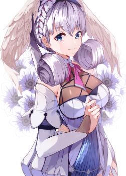 1girl absurdres ascot blue_eyes braid commentary_request cowboy_shot crown_braid dress flower hairband hand_up head_wings highres looking_at_viewer melia_antiqua puffy_sleeves risumi_(taka-fallcherryblossom) short_dress short_hair smile solo white_flower wings xenoblade_chronicles:_future_connected xenoblade_chronicles_(series) xenoblade_chronicles_1 xenoblade_chronicles_3