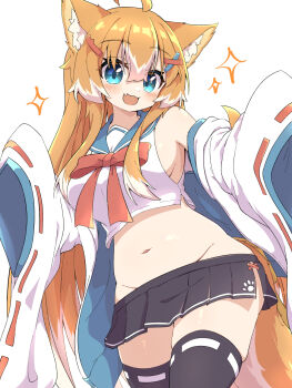 Rule 34 | 1girl, ahoge, animal ear fluff, animal ears, aqua eyes, belly, black skirt, black thighhighs, blue sailor collar, bow, bowtie, breasts, commentary request, cropped shirt, dog ears, dog girl, dog tail, fang, groin, hair between eyes, hair ornament, hairclip, haru (toramaru2001710), highres, jacket, jacket partially removed, large breasts, light blush, long hair, looking at viewer, miniskirt, multicolored hair, navel, open clothes, open jacket, open mouth, orange hair, original, pleated skirt, red bow, red bowtie, red ribbon, ribbon, ribbon-trimmed sleeves, ribbon-trimmed thighhighs, ribbon trim, sailor collar, shirt, side slit, sidelocks, simple background, skin fang, skindentation, skirt, sleeveless, sleeveless shirt, sleeves past fingers, sleeves past wrists, smile, solo, sparkle, tail, thighhighs, toramaru2001710, two-tone hair, very long hair, white background, white hair, white jacket, white shirt, wide sleeves, x hair ornament, zettai ryouiki