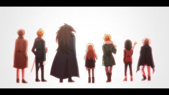 2girls 5boys agatha_flattz animal_head bird_boy black_jacket black_skin blonde_hair brothers brown_hair caron_(higyaku_no_noel) coat colored_skin crowbar demon_boy enoki_(0305mano) from_behind fugo_dressel fur-trimmed_coat fur_trim higyaku_no_noel holding holding_crowbar holding_sword holding_weapon jacket lauro_maestri letterboxed long_hair multiple_boys multiple_girls noel_cerquetti oscar_dressel purple_hair red_jacket short_hair siblings sword weapon winter_clothes winter_coat zoe_taska