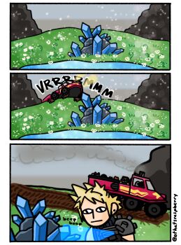 aerith_gainsborough all-terrain_vehicle armor barret_wallace black_hair blonde_hair border caterpillar_tracks closed_mouth cloud_strife crystal dark-skinned_male dark_skin destruction earrings field final_fantasy final_fantasy_vii final_fantasy_vii_rebirth final_fantasy_vii_remake flower flower_field highres jewelry maddie_(othatsraspberry) meadow motor_vehicle outdoors parted_bangs pauldrons pink_ribbon remake ribbon short_hair shoulder_armor single_bare_foot single_earring single_pauldron sleeveless sleeveless_turtleneck sunglasses turtleneck twintails white_border