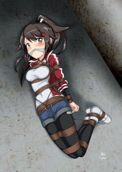 1girl absurdres artist_logo artist_name bdsm belt black_fox black_pantyhose blush bondage bound bound_arms bound_legs bound_torso breasts brown_eyes brown_hair cleave_gag clenched_hand clenched_hands cloth_gag crotch_rope cyber_(cyber_knight) denim denim_shorts embarrassed female_focus gag gagged hair_between_eyes hair_ornament hairclip high_ponytail highres hogtie improvised_gag indoors isurugi_rikka jacket kidnapped kidnapping legs legs_together logo long_hair long_sleeves looking_ahead looking_to_the_side looking_up lying medium_breasts navel on_side open_clothes open_jacket pantyhose perky_breasts ponytail red_jacket rope shibari shibari_over_clothes shirt short_shorts shorts sidelocks solo thighs undershirt warehouse white_shirt