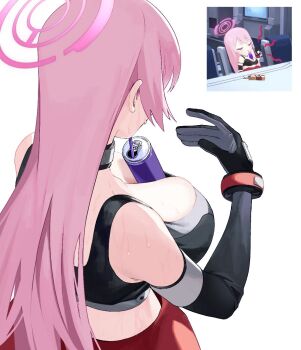 1girl between_breasts black_gloves black_sports_bra blue_archive breasts can cleavage drink_can drinking_straw eimi_(battlesuit)_(blue_archive) eimi_(blue_archive) from_above from_behind game_screenshot_inset gloves halo highres kawatiw large_breasts long_hair official_alternate_costume pink_hair pink_halo reference_inset screenshot_inset simple_background solo sports_bra very_long_hair white_background