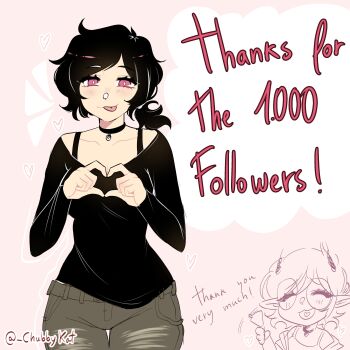 ! 2girls :3 ^_^ absurdres ahoge artist_self-insert ashley_graves black_choker black_hair black_shirt bra_strap breasts bright_pupils brown_pants choker chubbykat cleavage closed_eyes collarbone commentary cowboy_shot english_commentary hands_up heart heart_hands heart_in_mouth highres long_sleeves looking_at_viewer low_ponytail medium_hair milestone_celebration multiple_girls notice_lines o-ring o-ring_choker original pants pink_background pink_eyes ponytail shirt solo_focus standing swept_bangs the_coffin_of_andy_and_leyley thigh_gap tongue tongue_out torn_clothes torn_pants twitter_username two-tone_background white_background white_pupils