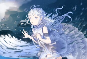 1girl :o air_bubble animal bare_shoulders beads blue_dress blue_eyes blue_hair blue_sleeves bubble butterfly_hair_ornament chinese_commentary circle_skirt clenched_hand collared_dress commentary_request cowboy_shot curious detached_sleeves dress feather_hair_ornament feathers floating floating_clothes floating_hair frilled_sleeves frills hair_beads hair_ornament high_collar highres leg_ribbon light_blush light_particles long_dress long_hair melody_of_whale_(miracle_nikki) miracle_nikki nikki_(series) open_mouth partial_commentary pleated_sleeves print_dress ribbon short_sleeves sidelocks solo star_(symbol) star_hair_ornament striped_clothes striped_dress superchickentt tareme thigh_ribbon train_(clothing) underwater vertical-striped_clothes vertical-striped_dress vertical-striped_sleeves very_long_hair wavy_hair whale white_ribbon wrist_ribbon