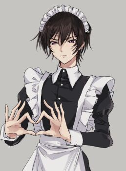 1boy apron black_dress brown_hair code_geass collared_dress crossdressing crossdressing_(mtf) dress frilled_apron frills frown furrowed_brow grey_background hair_between_eyes heart heart_hands juliet_sleeves lelouch_vi_britannia long_sleeves maid maid_apron maid_headdress male_focus puffy_sleeves purple_eyes setocg12 short_hair solo sweatdrop upper_body white_apron