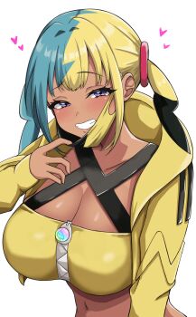1girl :d absurdres alternate_breast_size_(larger) aqua_hair bandeau black_mask blonde_hair blush breasts canari_(pokemon) cleavage commentary_request crop_top dark-skinned_female dark_skin grin hand_up heart highres hood hood_down hooded_jacket jacket large_breasts long_hair long_sleeves looking_at_viewer mahinatayuzu mask mask_pull mouth_mask multicolored_hair navel nintendo open_clothes open_jacket open_mouth pokemon pokemon_legends:_z-a purple_eyes raised_eyebrow simple_background smile solo split-color_hair twintails two-tone_hair two-tone_mask upper_body white_background yellow_bandeau yellow_jacket yellow_mask zipper zipper_pull_tab