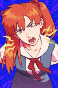 1girl blue_eyes freckles highres jbbetz long_hair looking_at_viewer neck_ribbon neon_genesis_evangelion open_mouth orange_hair red_ribbon ribbon school_uniform shirt short_sleeves shout_lines skirt solo souryuu_asuka_langley tokyo-3_middle_school_uniform two_side_up white_shirt