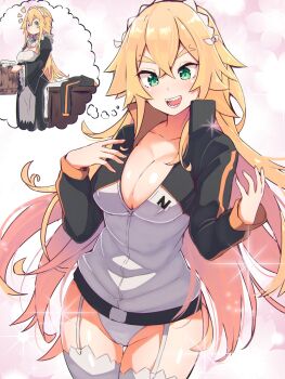 1girl blonde_hair breasts cleaning cleavage cosplay frederica_baumann garter_straps green_eyes hair_between_eyes head_dress highres jacket large_breasts laundry long_hair maid natsuki_subaru natsuki_subaru_(cosplay) panties re:zero_kara_hajimeru_isekai_seikatsu roswaal_mansion_maid_uniform sharp_teeth sparkle sparkle_background speech_bubble stealing_clothes teeth thick_thighs thighhighs thighs thought_bubble track_jacket underwear very_long_hair wide_hips zerobarto