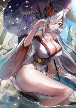 1girl absurdres alternate_costume alternate_hairstyle arm_up bare_shoulders blue_eyes blush breasts commentary_request eitei_(20041204) falling_petals floating_hair flower genshin_impact grey_hair hair_down hair_flower hair_ornament hair_over_one_eye highres holding holding_umbrella japanese_clothes kimono large_breasts obi off_shoulder oil-paper_umbrella onsen open_mouth partially_submerged petals sash shenhe_(genshin_impact) sitting smile solo umbrella white_kimono wide_sleeves