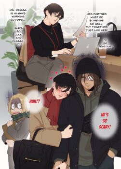 1boy 2girls alternate_universe bag beanie black_hair black_hat black_jacket black_sweater blonde_hair blue_eyes blush bracelet brown_coat brown_hair chair closed_eyes closed_mouth coat commentary computer couple crossed_legs cup desk disposable_cup earrings english_text eren_yeager eyepatch facial_hair feet_out_of_frame formal_clothes glasses grey_hoodie grey_pants grey_suit hand_in_pocket hanpetos hat head_on_another's_shoulder heart height_difference holding holding_another's_arm holding_bag holding_hands hood hoodie indoors jacket jewelry laptop lips long_sleeves looking_at_another louise_(shingeki_no_kyojin) medical_eyepatch medium_hair mikasa_ackerman multiple_girls multiple_views necklace office office_lady on_chair open_clothes open_jacket open_mouth pants parted_lips pink_lips plant potted_plant red_scarf ring scarf shaded_face shingeki_no_kyojin short_hair sitting smile sparkle suit suit_jacket sweater symbol-only_commentary turtleneck turtleneck_sweater unworn_clothes unworn_coat unworn_scarf upper_body window